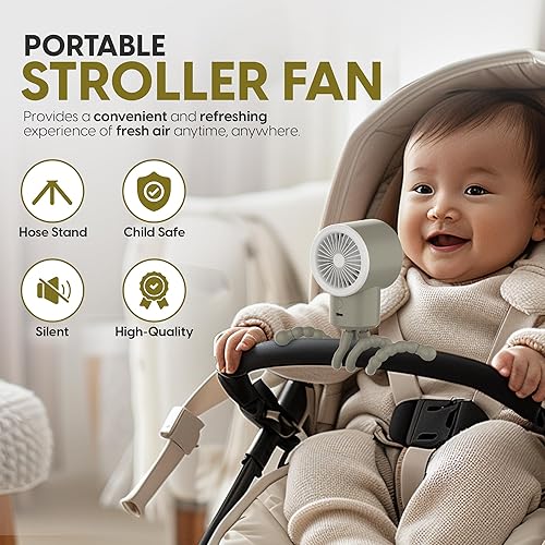 Portable Stroller Fan with Flexible Tripod, 3 Speeds Rechargeable Handheld Personal Fan, 360° Rotate Battery Operated Clip-On Fan for Car Seat, Crib, Bike, Treadmill (Beige) - Jamouz