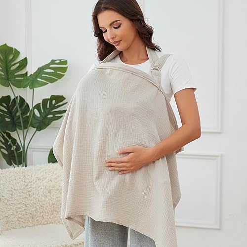 Muslin Nursing Cover for Breastfeeding, Breathable 100% Cotton Privacy Nursing Covers with Rigid Hoop for Mother Nursing Apron, Soft Arch Neckline Nursing Apron (Summer Wheat) - Jamouz