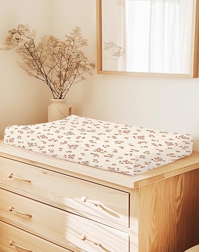 Changing Pad Cover for Baby Boy Girl 2 Pack, Muslin Changing Table Pad Covers with Boho Style, Neutral Nursery Bedding Essentials Soft and Breathable(Dusty Rose & Flower-A) - Jamouz