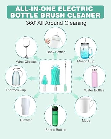 Electric Bottle Brush Cleaner, Rechargable Electric Baby Bottle Brush Cleaner with Nipple & Straw Brush, Travel Baby Bottle Brush with Drying Rack, Perfect Essentials for Mom After Birth, Green - Jamouz