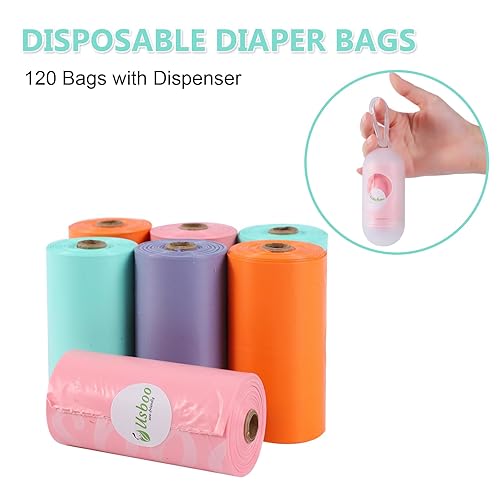 Baby Disposable Diaper Bags, Waste Bags 8 Refill Rolls/120 Bags with Dispenser, Convenient and Quick Diaper Disposal, Unscented - Jamouz