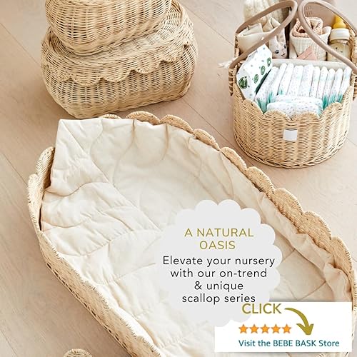 Premium Baby Diaper Caddy Organizer - Handmade & Award-Winning Scalloped Rattan Basket - Luxury Diaper Caddy Basket - Elegant Scalloped Edge (Natural) - Jamouz