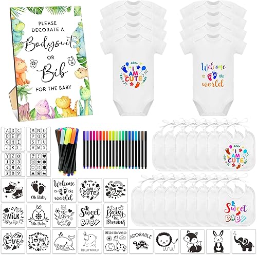 69 Pcs Baby Bib Bodysuit Baby Shower Set Baby Shower Game Sign Baby Feeder Bib Newborn Bodysuit Fabric Marker - Jamouz
