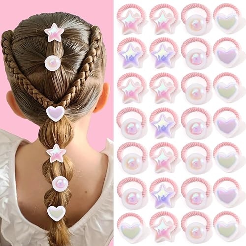 30PCS Baby Hair Ties, Cute Pearl Toddler Hair Ties for Kids, Candy Color Hair Ties for Little Girls, Pink Hair Ties Ponytail Holders, Stretchy and Non-Damage, 3 Styles in Box Gifts Holiday - Jamouz