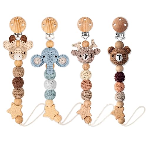 Pacifier Clip, 2 Pack Pacifier Holder for Boys and Girls, Cute Deer Handmade Knitted Christmas Pacifier Clip Fits for Most Pacifier, Baby Teethers, Baby Shower and Baby Gift(Elephant&Deer) - Jamouz