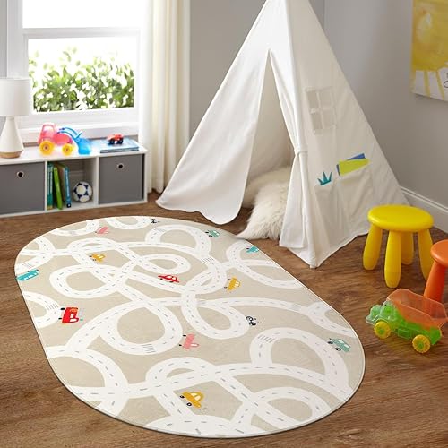 LIVEBOX Road Traffic Kids Play Area Rug 3'x5' Washable Playroom Educational & Fun with Cars and Toys Non-Slip Children Nursery Rugs for Living Room Bedroom Classroom Entryway Kids Tent - Jamouz