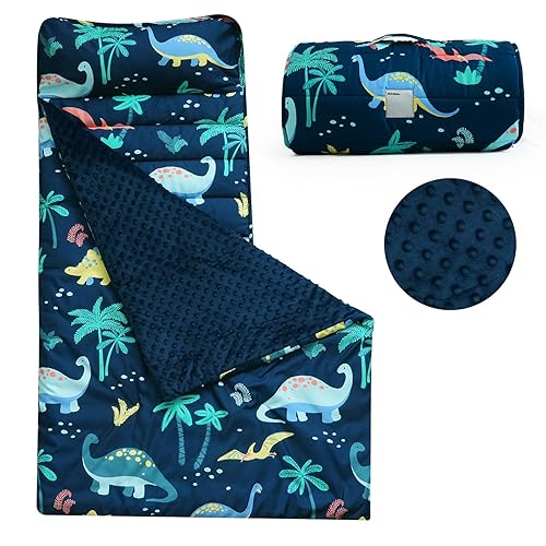 PHF Toddler Nap Mat with Removable Pillow and Minky Fleece Blanket, Rollup Design Warm Slumber Bags for Boys, 50'x20'x2' Kids Sleeping Bag for Daycare Preschool Travel Camping, Space - Jamouz