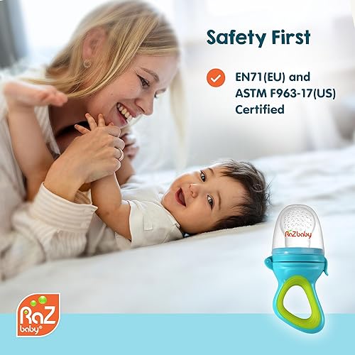 RaZbaby Baby Solids/Frozen Fruit Feeder Pacifier, Infant Teether Toy 6M+, BPA-Free Silicone Pouch & Nipple, Safely Introduce Solids, Teething Relief, Dishwasher Safe, 2-Pack – Orange/Blue + Green/Blue - Jamouz
