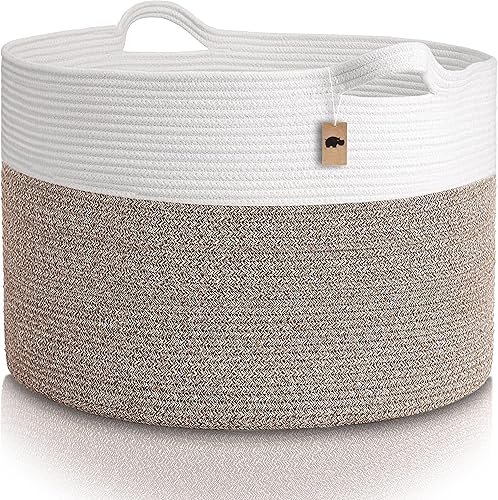 Little Hippo XXXL Large Cotton Rope Basket (22'x14') 100% Natural Cotton! Rope Basket, Woven Storage Basket, Large Basket, Blanket Basket Living Room, Toy Basket, Pillow Basket (White & Brown) - Jamouz