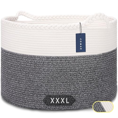 COMSE Extra Large Blanket Basket, Storage Basket, Laundry Basket, 21.7”x 13.8”, Laundry Hamper, Cotton Rope Basket, Blanket Basket Living Room, Toy Basket (White & Cadet Blue & Navy Blue) - Jamouz