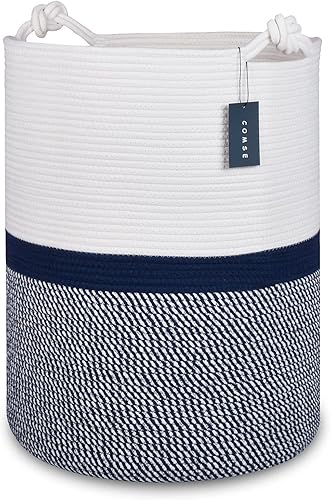 COMSE Extra Large Blanket Basket, High Storage Basket, Tall Rope Laundry Basket, 15.7”x 21.7”, Cotton Rope Basket, XXXL Laundry Basket, Toy Basket, Clothes Baskets,White/Cadet Blue/Navy Blue - Jamouz