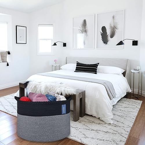 COMSE Extra Large Blanket Basket, Storage Basket, Laundry Basket, 21.7”x 13.8”, Laundry Hamper, Cotton Rope Basket, Blanket Basket Living Room, Toy Basket (White & Cadet Blue & Navy Blue) - Jamouz