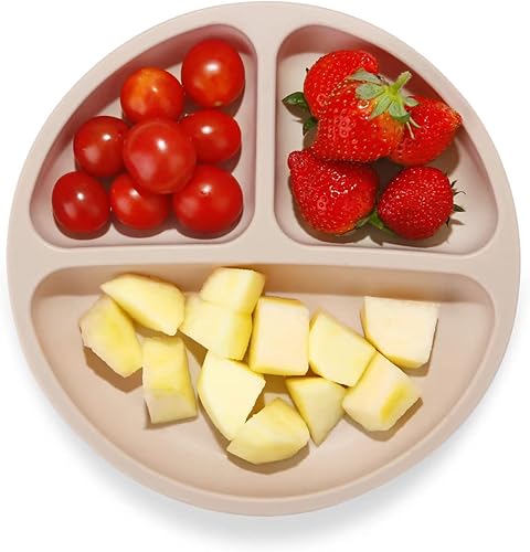 PandaEar Divided Unbreakable Silicone Baby and Toddler Plates - 3 Pack - Non-Slip - Dishwasher and Microwave Safe - Silicone (Blue Green Brown) - Jamouz