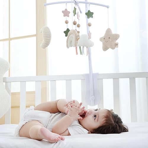 Crib Mobile 35 Lullaby Muisc, Organic Cotton Baby Mobiles for Cribs & Pack N Play, Easy to Install, Stuffed Animals Hanging Toys Newborn Boys & Girls, Star Nursery Decor - Jamouz