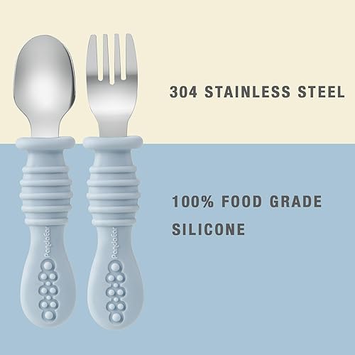PandaEar Silicone Baby Feeding Set| 2 Pack Silicone Divided Suction Plate and 2 Pack Tiny Cup with 2 Spoons 2 Forks| Baby Led Weaning Supplies Self Feeding Eating Utensils (Light Blue/Light Green) - Jamouz