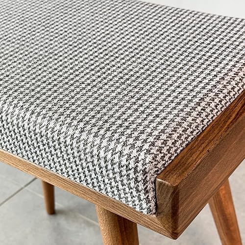 Walnut Ottoman Stool for Living Room | Upholstered in Crowbar Pattern Fabric | Versatile as a Piano Bench | Ideal Bedroom Bench | Functional Footstool Bench - Jamouz
