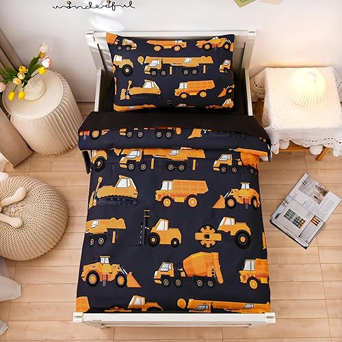 NTBED 4 Pieces Construction Toddler Bedding Set for Baby Boys,Tree Truck Vehicles Excavator Cars Printed, Includes Comforter, Flat Sheet, Fitted Sheet and Pillowcase,Light Grey - Jamouz
