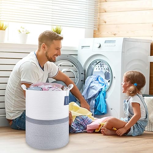 COMSE Extra Large Blanket Basket, High Storage Basket, Tall Rope Laundry Basket, 15.7”x 21.7”, Cotton Rope Basket, XXXL Laundry Basket, Toy Basket, Clothes Baskets,White/Cadet Blue/Navy Blue - Jamouz