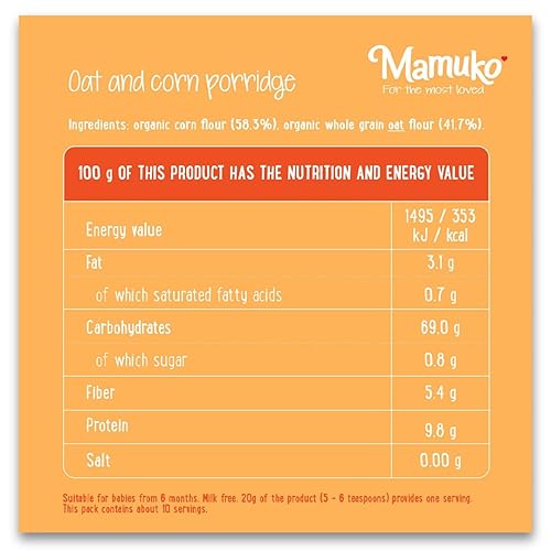 MAMUKO Organic Oat & Corn Grits Porridge - High Fiber Porridge with No Added Sugar, Milk & Preservatives - Vegan Porridge Ideal for Toddlers - (200g - 10 Servings) - Jamouz