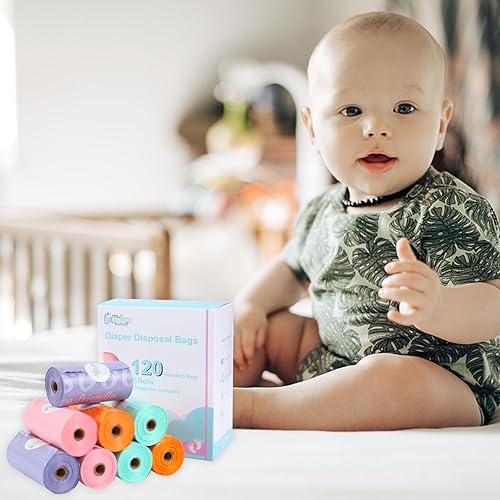 Baby Disposable Diaper Bags, Waste Bags 8 Refill Rolls/120 Bags with Dispenser, Convenient and Quick Diaper Disposal, Unscented - Jamouz