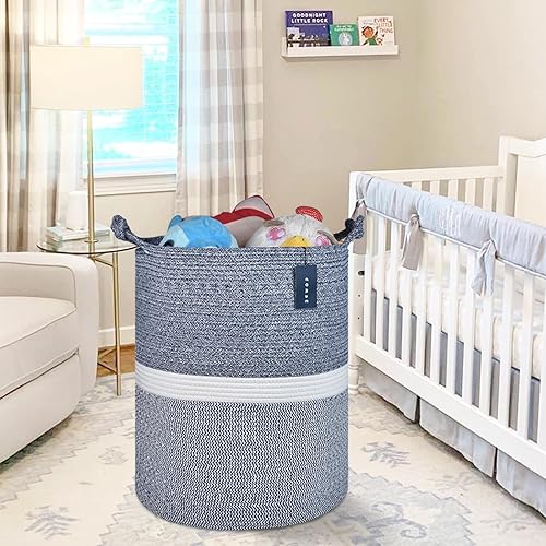 COMSE Extra Large Blanket Basket, High Storage Basket, Tall Rope Laundry Basket, 15.7”x 21.7”, Cotton Rope Basket, XXXL Laundry Basket, Toy Basket, Clothes Baskets,White/Cadet Blue/Navy Blue - Jamouz