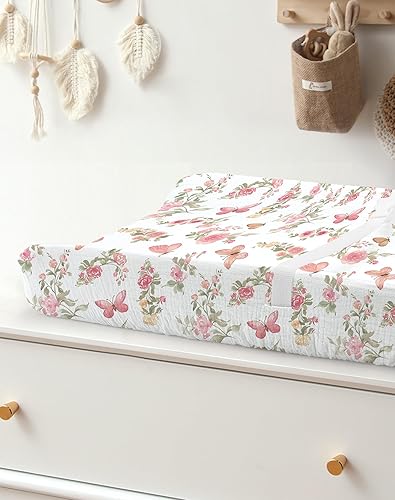 Changing Pad Cover for Baby Boy Girl 2 Pack, Muslin Changing Table Pad Covers with Boho Style, Neutral Nursery Bedding Essentials Soft and Breathable(Dusty Rose & Flower-A) - Jamouz