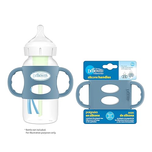 Dr. Brown's Milestones 100% Silicone Baby Bottle Handles, Wide-Neck, Removable Easy-Grip Transitional Sippy Cup Handles, Light Blue, Green, Gray, 4m+, 3 Pack - Jamouz