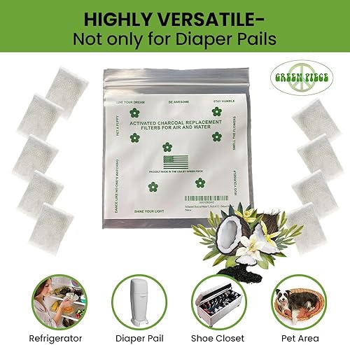 Green Piece® 12 Pack - Overstuffed - All-Natural Baby Diaper Pail Deodorizer | Activated Charcoal Air Purifier Compatible with Diaper Pails, Shoe Closets, Trash Cans, Pets - Made in The USA - Jamouz