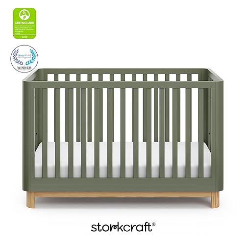 Storkcraft Santos 3-in-1 Convertible Crib (White with Natural) – GREENGUARD Gold Certified, Fits Standard Crib Mattress, Converts to Toddler Bed, Modern Style, Rounded Designer Details - Jamouz