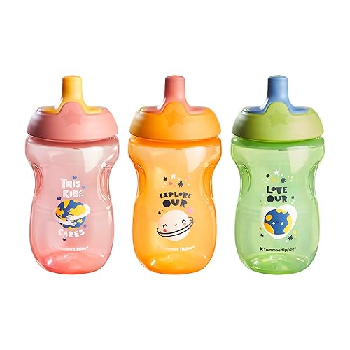 Tommee Tippee Sportee Water Bottle for Toddlers, 12 months+, 10oz, Spill-Proof Sippy Cup, Easy to Hold, Bite Resistant Spout, Pack of 3, Pink, Green and Orange - Jamouz