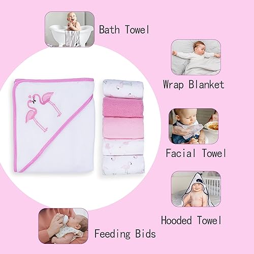 Viviland Baby Towels and Washcloths, Soft Absorbent Pink Baby Bath Towel Set, Elephant Hooded Towels with 5 Infant Face Washcloths (6 Pieces) - Jamouz