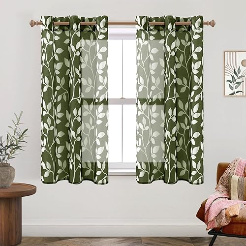 XTMYI Dark Green Curtains for Bedroom Living Room,Nursery Decor Dinosaur Theme,Sheer Tropical Jungle Botanical Curtains for Dining Room Sunroom Office,63 Inch Length 2 Panels,Olive Green - Jamouz