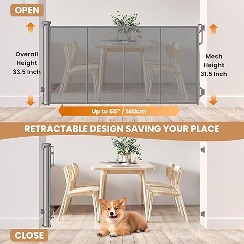 Reinforced Retractable Baby Gate or Mesh Dog Gate,Easy to Use for Stairs, Doorways, Hallways, Indoor, Outdoor, Wide Pet Gate 33.5' Tall, Extends to 55' Wide, Gray - Jamouz