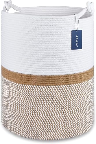 COMSE Extra Large Blanket Basket, High Storage Basket, Tall Rope Laundry Basket, 15.7”x 21.7”, Cotton Rope Basket, XXXL Laundry Basket, Toy Basket, Clothes Baskets,White/Cadet Blue/Navy Blue - Jamouz