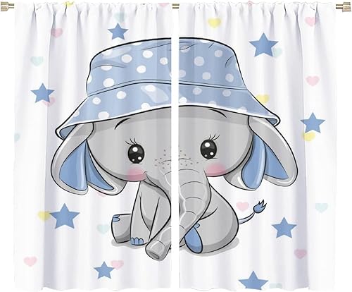 Cartoon Cute Elephant Curtain Nursery Baby Elephant with Blue Hat Windows Drapes for Nursery Room Kids Room Gifts for Boys and Girls Rod Pocket 2 Panels 63L x 36W - Jamouz