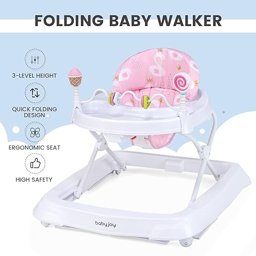 BABY JOY Baby Walker, Foldable Activity Walker Helper with Adjustable Height, Baby Activity Walker with High Back Padded Seat & Bear Toys (Gray, Star Pattern) - Jamouz