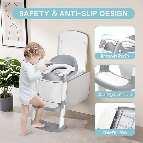 Potty Training Toilet with Step Stool Ladder, Toddler Kids Potty Training Seat for Boys Girls, Foldable Anti-Slip Toilet Toddler Seat Splash Guard Soft Cushion Safety Handles (Grey) - Jamouz