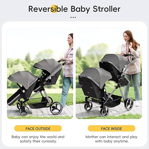 MU Double Stroller, Foldable Twin Tandem Stroller with Adjustable Backrest, Reversible Seat, 5-Point Harness, Storage Basket, Convertible Baby Bassinet for Infant and Toddler, Gray - Jamouz