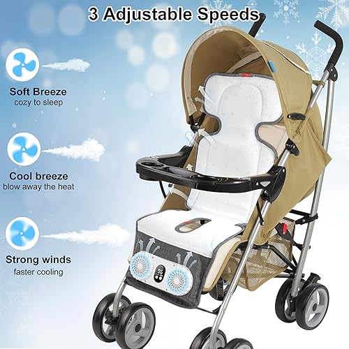 Stroller Cooling Pad with 2 Fans, 10000 mAh Battery Powered Cooling Cushion, 3 Speeds Breathable Cooling Pad Liners for Stroller Dining Chair - Jamouz