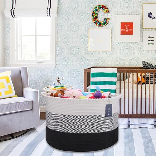 COMSE Extra Large Blanket Basket, Storage Basket, Laundry Basket, 21.7”x 13.8”, Laundry Hamper, Cotton Rope Basket, Blanket Basket Living Room, Toy Basket (White & Cadet Blue & Navy Blue) - Jamouz