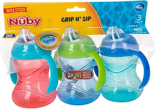 Nuby Clik-It Soft Spout No-Spill Training Sippy Cup with Handles - (3-Pack) 10 Oz - 4+ Months - Neutral - Jamouz