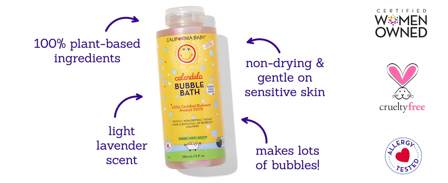This bubble bath has 100% plant-based ingredients, non-drying, and has a light lavender scent