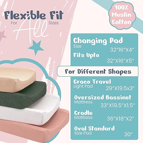 100% Muslin Changing Pad Cover Pack of 4-32x16 Ultra Soft 120GSM Baby Changing Pad Covers for Girls and Boys - Easy wash Diaper Changing pad Cover with Low Shrinkage - Jamouz