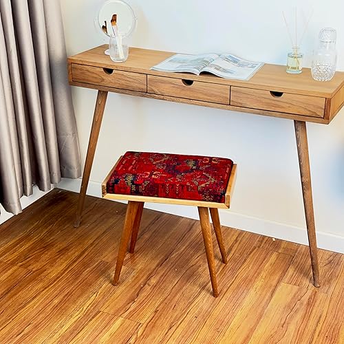 Walnut Ottoman Stool for Living Room | Upholstered in Crowbar Pattern Fabric | Versatile as a Piano Bench | Ideal Bedroom Bench | Functional Footstool Bench - Jamouz