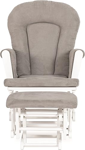 Child Craft Glider Rocker & Ottoman Set, Thick Padded Cushions, Storage Pockets, Solid Wood Base (Matte White & Gray) - Jamouz