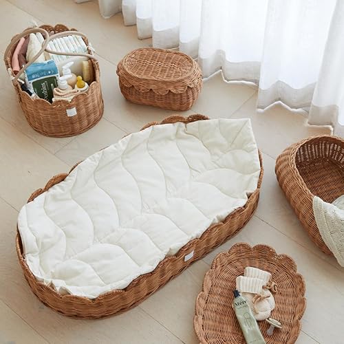 The Original Scalloped Basket Set Of 2 - Small Scallop Basket - 15 x 10 x 6 In - Hand-Woven & Award-Winning - Elegant Wicker With Scalloped Edge Lid - Nursery Storage - (Mocca) - Jamouz