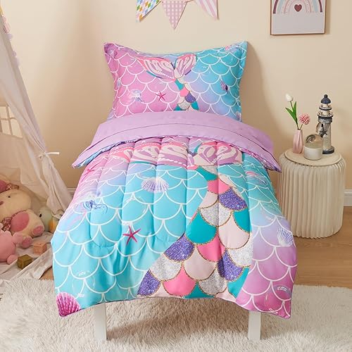 Pink Glitter Toddler Bedding Set Crib Bedding Set for Girls 4 Pieces with Toddler Comforter, Toddler Bed Sheets, Pillowcase, Pink Purple Gradient - Jamouz