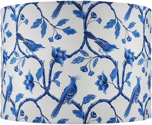 Premium Blue and White Floral Cylinder Drum Lamp Shade Spider Fitting (Blue and white, 13x13x9) - Jamouz