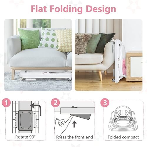 INFANS Foldable Baby Walker, 3 in 1 Toddler Walker Learning-Seated Walk-Behind for Boys and Girls, Adjustable Speed Rear Wheels, Safety Bumper, Detachable Seat Cover, Anti-Rollover (Pink) - Jamouz