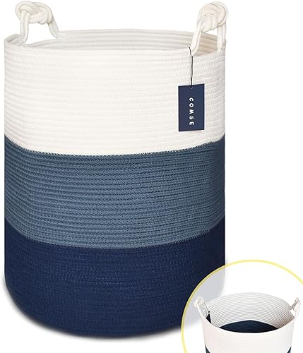 COMSE Extra Large Blanket Basket, High Storage Basket, Tall Rope Laundry Basket, 15.7”x 21.7”, Cotton Rope Basket, XXXL Laundry Basket, Toy Basket, Clothes Baskets,White/Cadet Blue/Navy Blue - Jamouz